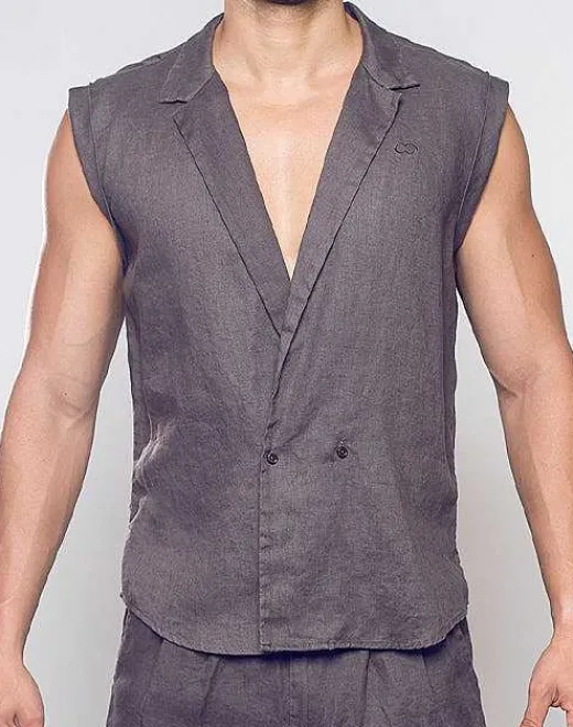 2EROS Shirts & Vests^Breezy Linen Single Button Wrap Vest-Dark Gray