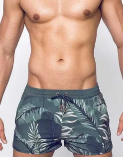 2EROS Beach Shorts^S50 Print Shorts-Forest Green Hawaiian Print